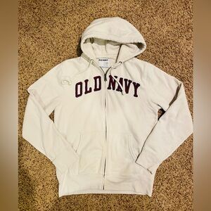 Vintage Old Navy Off-White Hoodie with Burgundy & Navy Accents - Small Womens